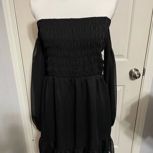 Express Black Smocked Dress with Long Bishop Sleeves